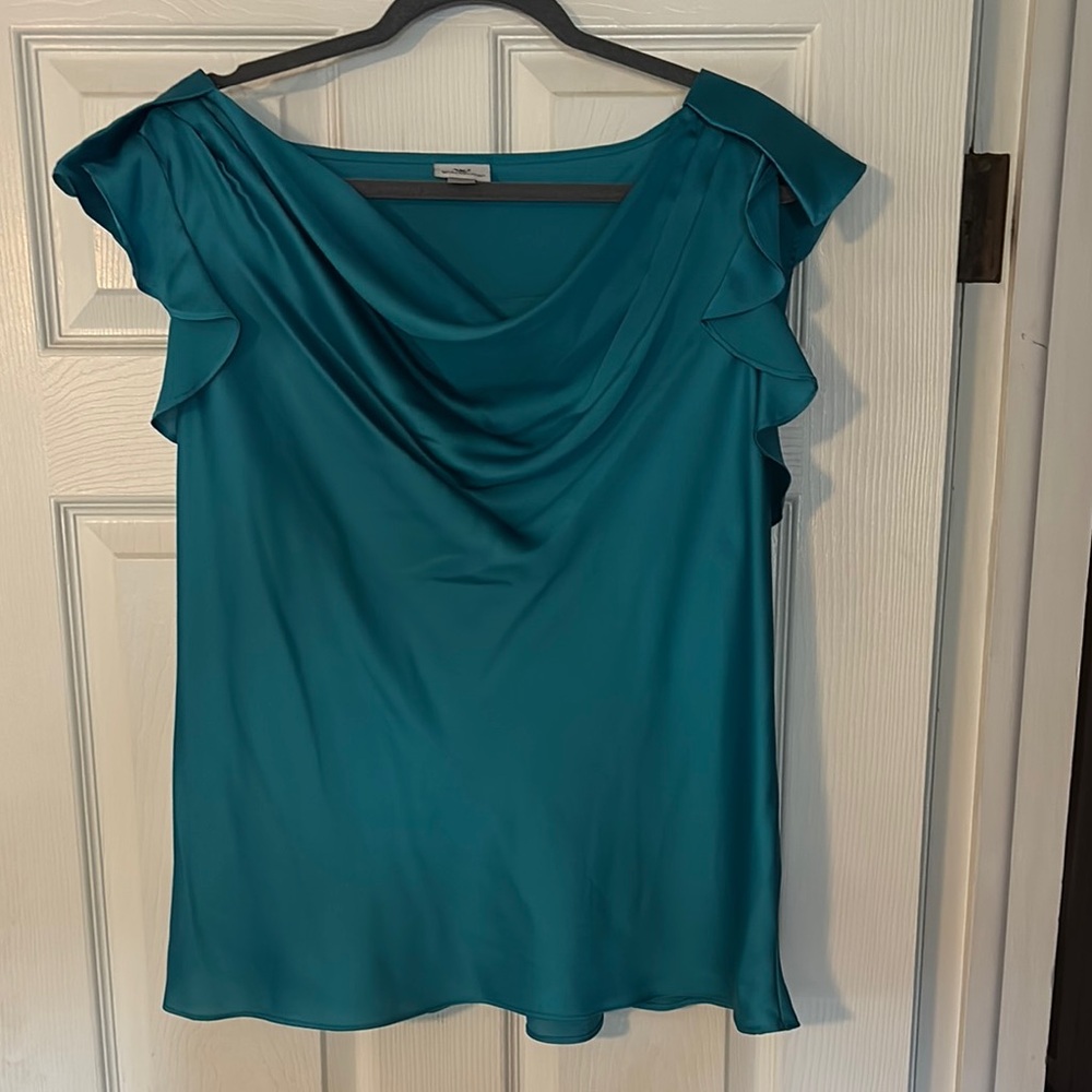 Worthington Teal Ruffled Cap Sleeve Blouse